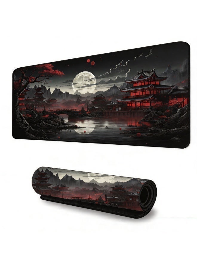 حصيرة مكتب يابانية ريفرسايد بكامل القمر، بسادة مكتب سوداء وحمراء كبيرة، لوحة فأرة للألعاب موس باد موسعة XXL، حصيرة لوحة مفاتيح 800 × 400 مم للكمبيوتر المحمول والفأرة ولوحة المفاتيح لتزيين مكتب المكتب - Image 2